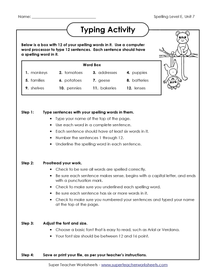 Printable Worksheets - Typing Sentences (E-7) (Printable PDF Worksheet)