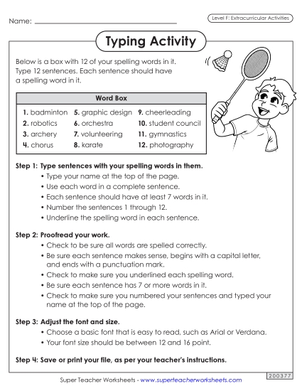 Worksheets and Puzzles - Typing Sentences (Extracurriculars) (Printable PDF Worksheet)