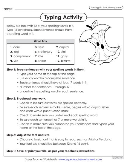 Worksheets and Puzzles - Typing Sentences (F-13) (Printable PDF Worksheet)