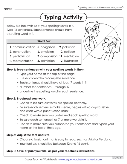 Worksheets and Puzzles - Typing Sentences (F-27)  (Printable PDF Worksheet)