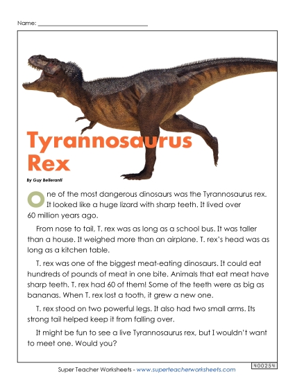 Reading Comprehension - Tyrannosaurus Rex (Printable PDF Worksheet)