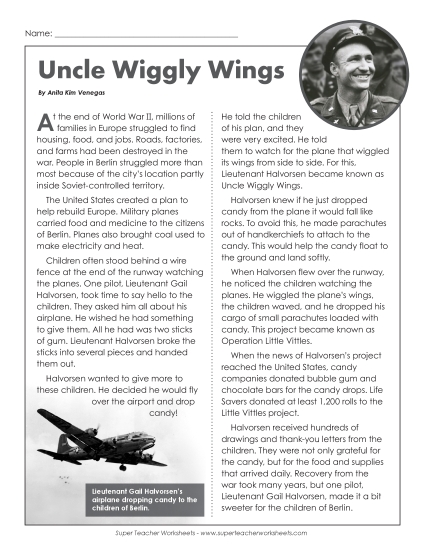 Nonfiction Articles - Uncle Wiggly Wings (Printable PDF Worksheet)
