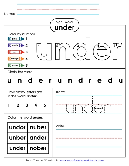 Individual Sight Words - Under (Sight Word) (Printable PDF Worksheet)
