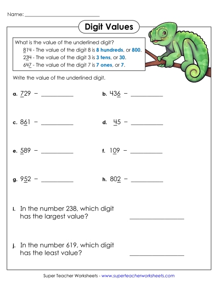 Place Value - Underlined Digit (3-Digit) (Printable PDF Worksheet)