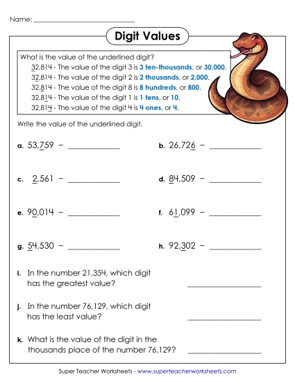Place Value - Underlined Digit (5-Digit) (Printable PDF Worksheet)
