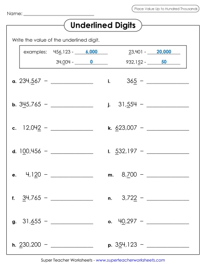 Place Value - Underlined Digit (Printable PDF Worksheet)