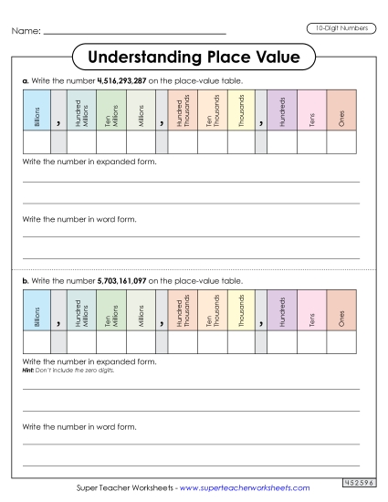 Place Value - Understanding Place Value (10 Digits) (Printable PDF Worksheet)