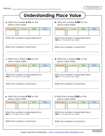 Place Value - Understanding Place Value (4 Digits) Worksheet 2 (Printable PDF Worksheet)