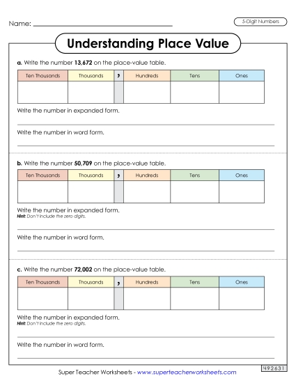 Place Value - Understanding Place Value (5 Digits) Worksheet 1 (Printable PDF Worksheet)