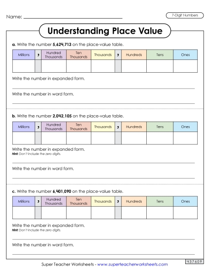 Place Value - Understanding Place Value (7 Digits) (Printable PDF Worksheet)