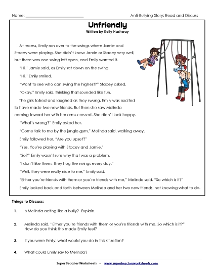 Read & Discuss Stories - Unfriendly (Printable PDF Worksheet)