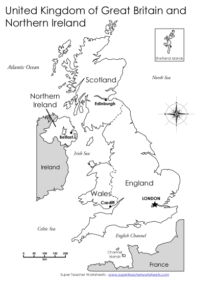 United Kingdom Maps - United Kingdom - Capital Cities Map (Printable PDF Worksheet)