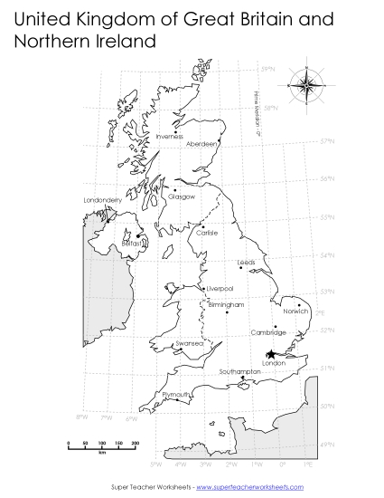United Kingdom Maps - United Kingdom - Latitude & Longitude (Printable PDF Worksheet)