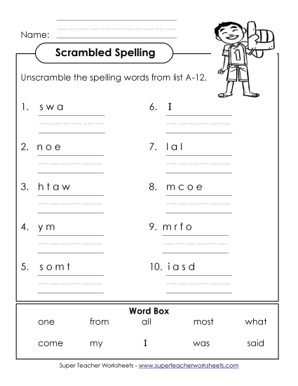 Worksheets - Unscramble (A-12) (Printable PDF Worksheet)
