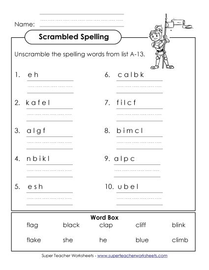 Worksheets - Unscramble (A-13) (Printable PDF Worksheet)