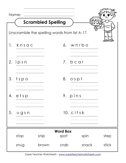 Worksheets - Unscramble (A-17) (Printable PDF Worksheet)