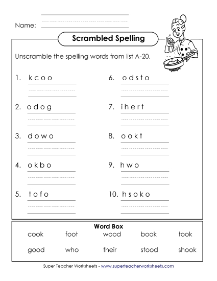 Worksheets - Unscramble (A-20) (Printable PDF Worksheet)