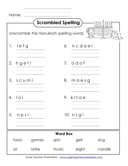 Worksheets and Activities - Unscramble (A-Hanukkah)  (Printable PDF Worksheet)