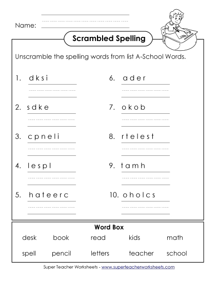 Worksheets and Activities - Unscramble (A-School Words)  (Printable PDF Worksheet)
