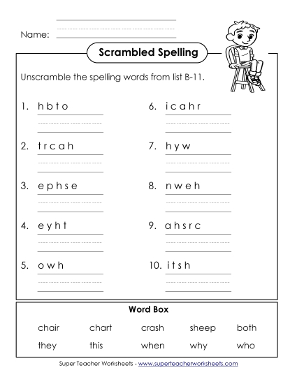 Worksheets - Unscramble (B-11) (Printable PDF Worksheet)