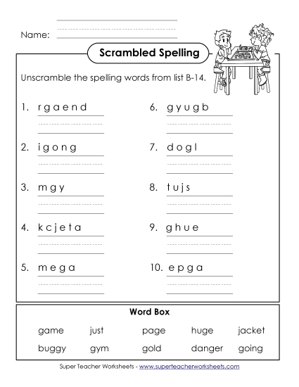 Worksheets - Unscramble (B-14) (Printable PDF Worksheet)