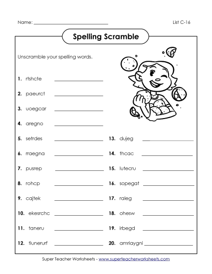 Worksheets - Unscramble (C-16) (Printable PDF Worksheet)