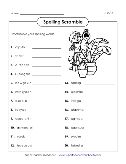 Worksheets - Unscramble (C-18) (Printable PDF Worksheet)