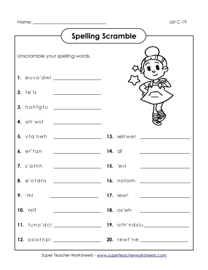 Worksheets - Unscramble (C-19) (Printable PDF Worksheet)