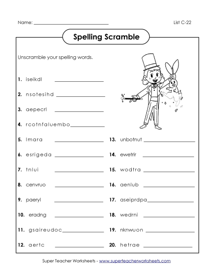 Worksheets - Unscramble (C-22) (Printable PDF Worksheet)