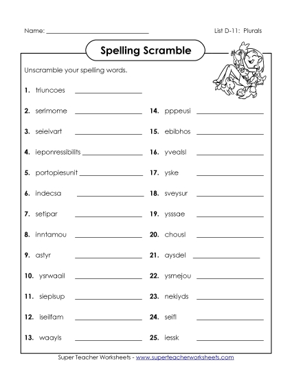Worksheets - Unscramble (D-11) (Printable PDF Worksheet)