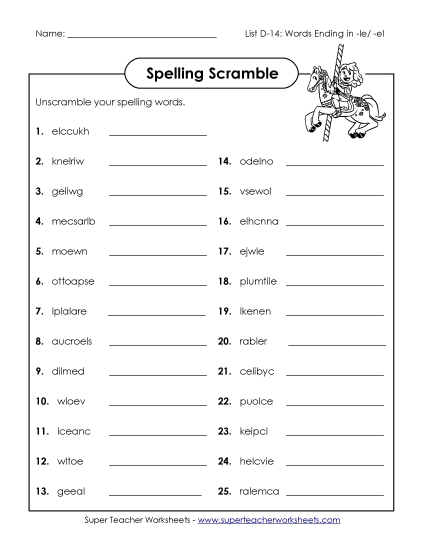 Worksheets - Unscramble (D-14) (Printable PDF Worksheet)