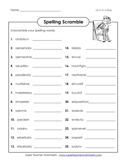 Worksheets - Unscramble (D-19) (Printable PDF Worksheet)