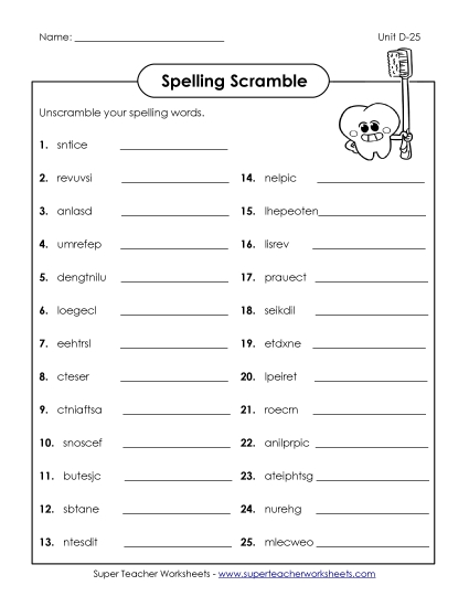 Worksheets - Unscramble (D-25) (Printable PDF Worksheet)
