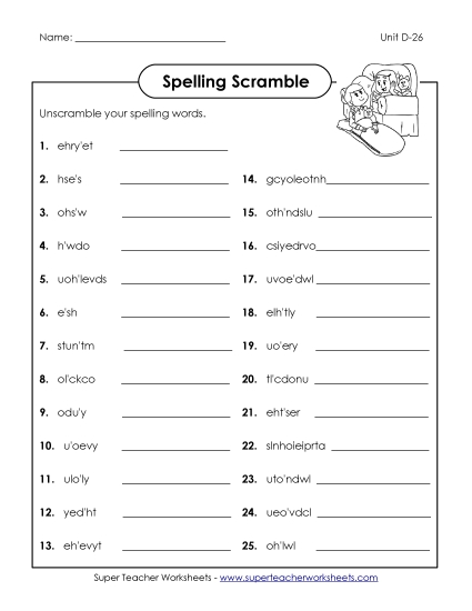 Worksheets - Unscramble (D-26) (Printable PDF Worksheet)