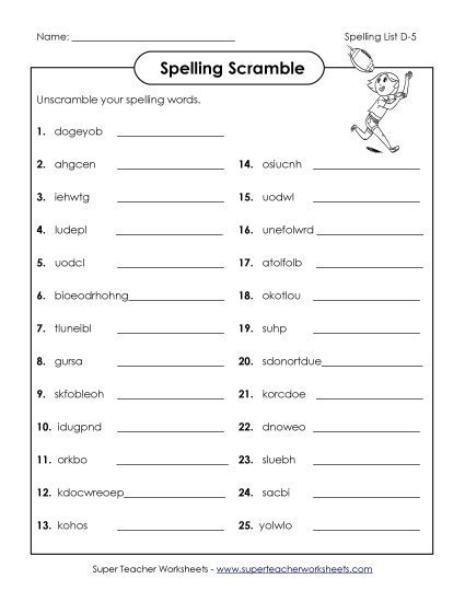 Worksheets - Unscramble the Spelling Words (D-5)  (Printable PDF Worksheet)