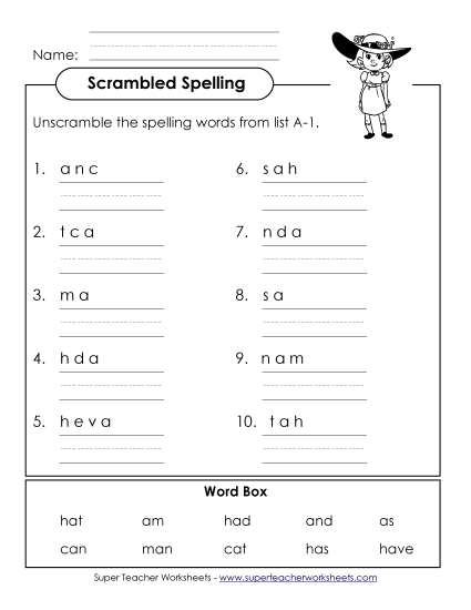 Worksheets - Unscramble the Words (A-1) (Printable PDF Worksheet)