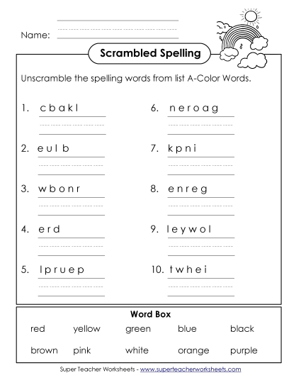 Worksheets and Activities  - Unscramble the Words (A-Color Words)  (Printable PDF Worksheet)