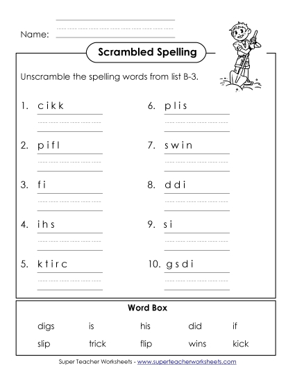 Worksheets - Unscramble the Words (B-3) (Printable PDF Worksheet)
