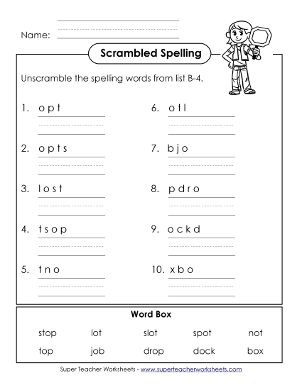 Worksheets - Unscramble the Words (B-4) (Printable PDF Worksheet)