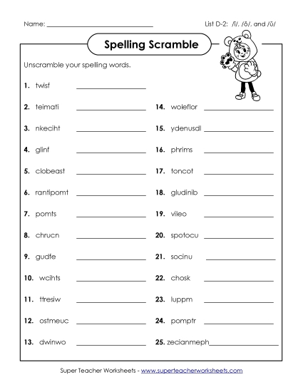 Worksheets - Unscramble the Words (D-2) (Printable PDF Worksheet)
