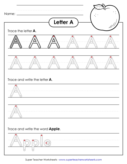 Trace and Print - Uppercase A (Outlined Letters) (Printable PDF Worksheet)