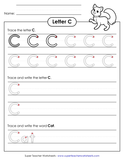 Trace and Print - Uppercase C (Outlined Letters) (Printable PDF Worksheet)