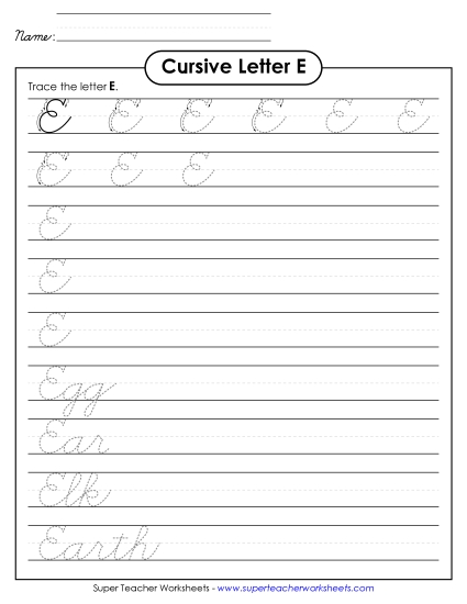 Capital Cursive Letters - Uppercase cursive E (Printable PDF Worksheet)