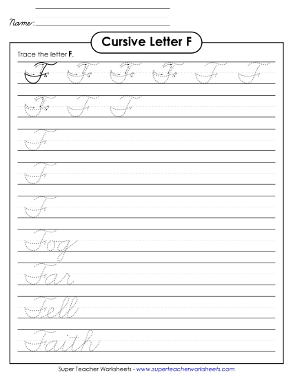 Capital Cursive Letters - Uppercase cursive F (Printable PDF Worksheet)
