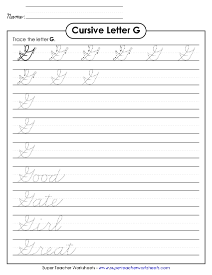 Capital Cursive Letters - Uppercase cursive G (Printable PDF Worksheet)