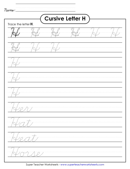 Capital Cursive Letters - Uppercase cursive H (Printable PDF Worksheet)