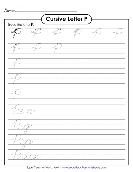 Capital Cursive Letters - Uppercase cursive P (Printable PDF Worksheet)