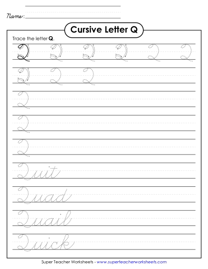 Capital Cursive Letters - Uppercase cursive Q (Printable PDF Worksheet)