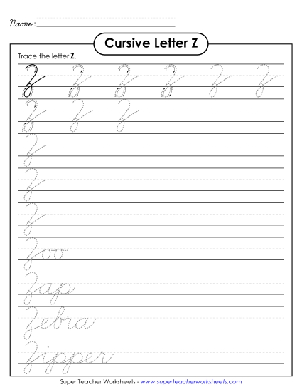 Capital Cursive Letters - Uppercase cursive Z (Printable PDF Worksheet)