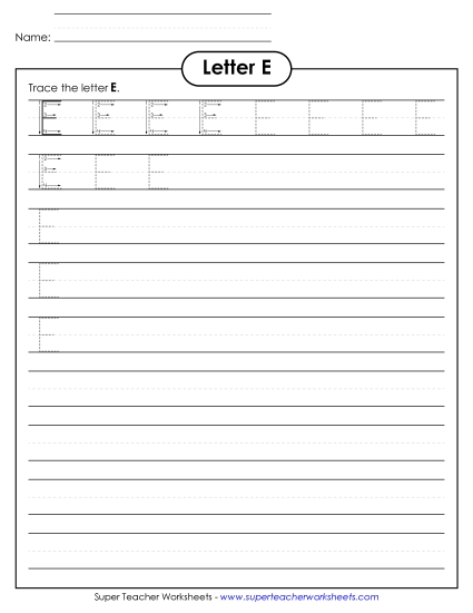 Trace and Print - Uppercase E (Smaller Font Size) (Printable PDF Worksheet)